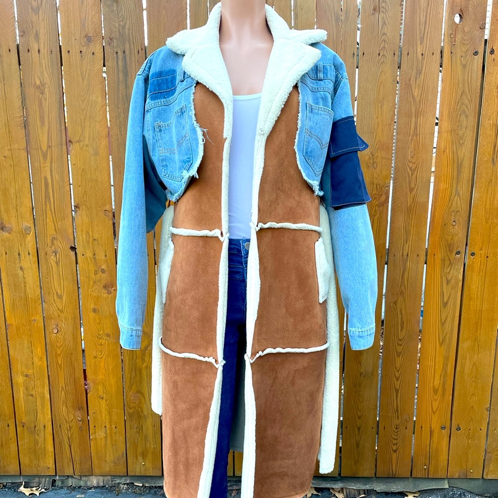 New - Women’s Denim & Faux Suede patch work belted trench coat